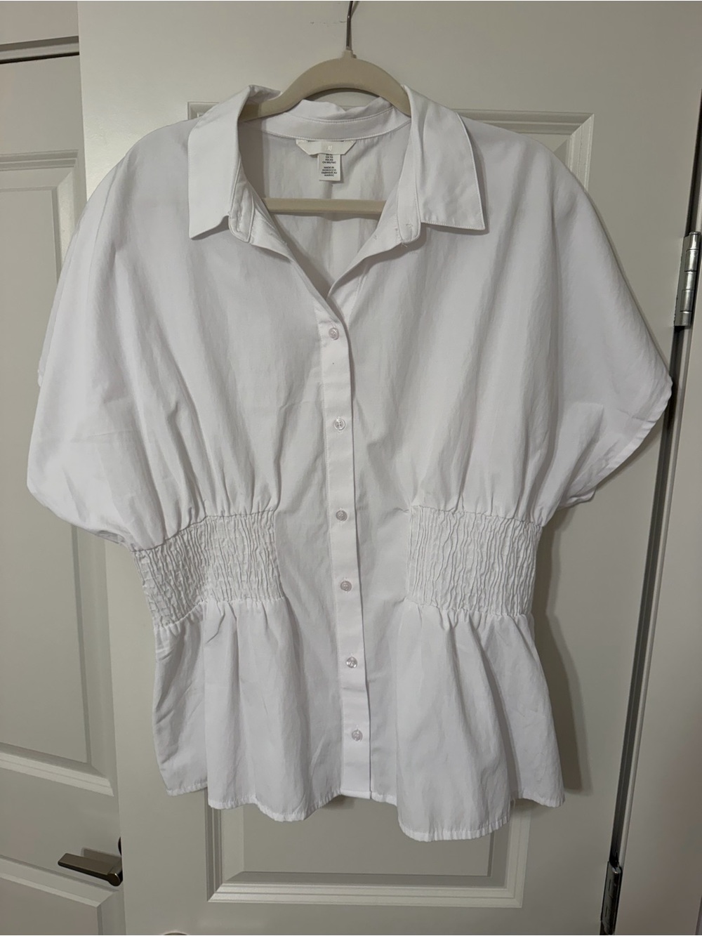 H&M White Smocked-Waist Button-Up Blouse